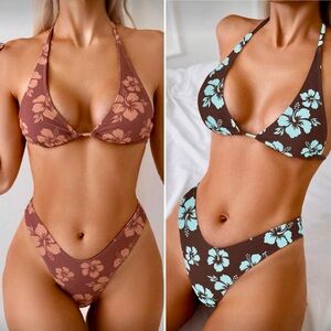 Women’s Floral Triangle Bikini Set with Hibiscus Print M in Blue & Mauve NWOT